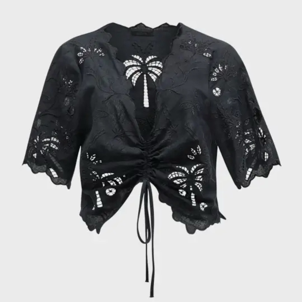 MOTHER Black Ruched Tie Front Crop Blouse